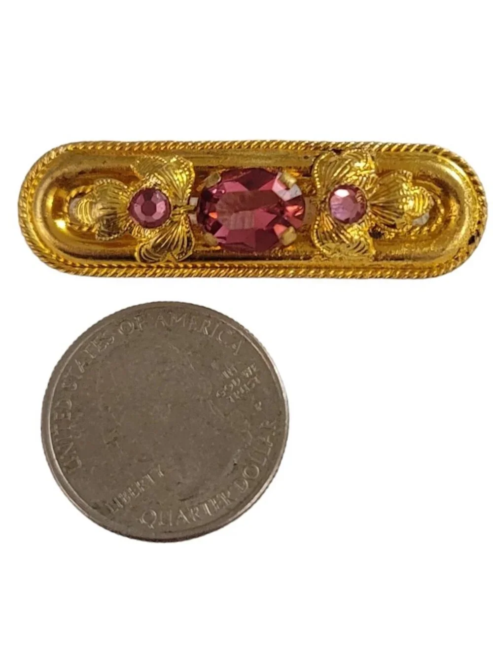 Czech Gold Tone Pink Rhinestone Leaf Bar Pin K969
